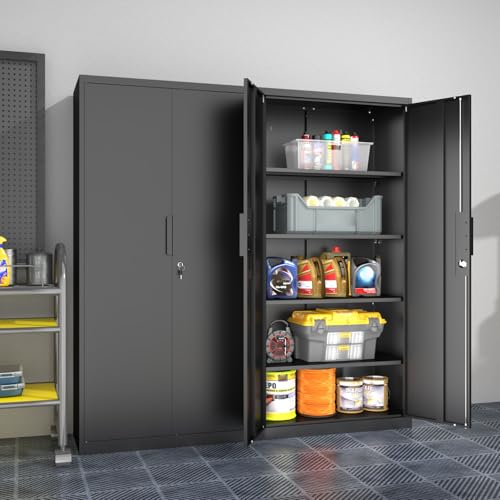 HOMOFFICE Metal Garage Storage Cabinet with Lock, 71" Tall Steel Storage Locker with 4 Adjustable Shelves, Heavy Duty Metal Cabinet for Garage, Office, Home, 31.5”W × 16.5”D, Black