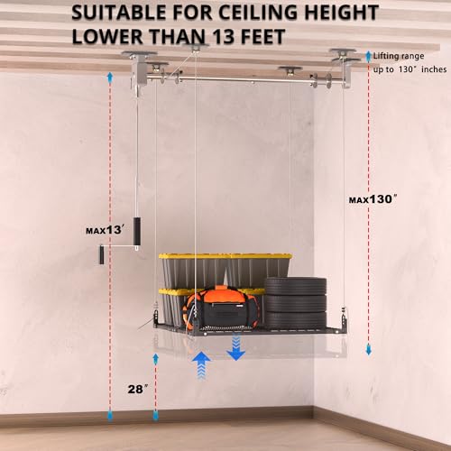 UODENGA Overhead Garage Storage Rack,4x4FT Ceiling Storage Racks with Secure Lock,Garage Storage Lift System for Easy Up Down,Industrial Elevator Lift Holds 400 Lbs