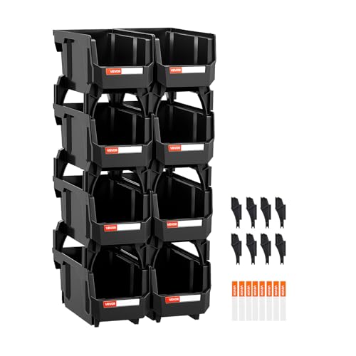 VEVOR Plastic Stackable Storage Bins, 10.9 x 5.5 x 5.1 inch (8 Pack), Plastic Containers for Organizing and Storage Bins for Closet, Garage, Small Parts, Office Supplies and Other Accessories, Black