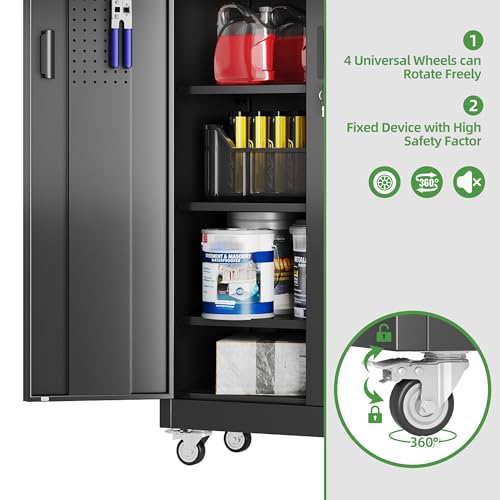 GangMei Garage Storage Cabinet with Wheels and Pegboard, 71" H x 32" W x 16" D Lockable Metal Storage Cabinet with 5 Adjustable Shelves and 2 Doors for Garage Home, Assembly Required, Black
