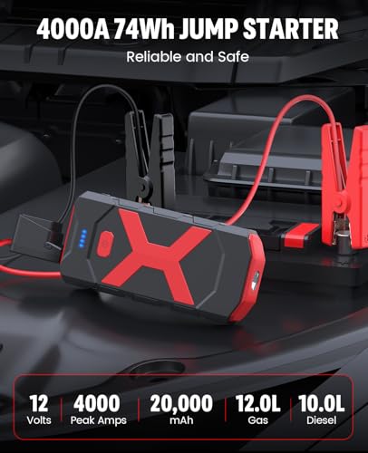 BOOKOO A9 Jump Starter 4000A for Car,Boat,Lawnmower 12L Gas&10L Diesel Engines Portable 12V Car Battery Jump Starter with Jumper Cables,Quick Charging USB Ports and USB C,3 LED Modes and Storage Box