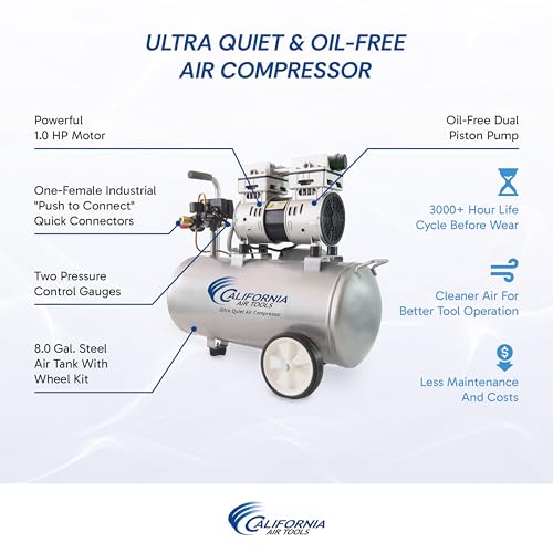 California Air Tools 8010 1.0 HP Ultra Quiet and Oil-Free Air Compressor, 8 Gallon Steel Tank, Lightweight with Wheels, 60 dBA Noise Level