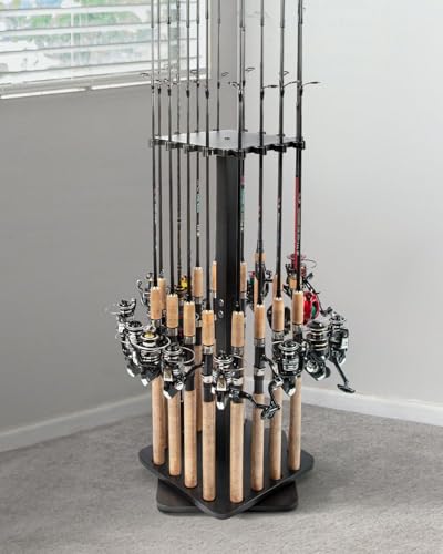 Ghosthorn Fishing Rod Holders for Garage 360 Degree Rotating Fishing Pole Rack, Floor Stand Holds up to 16 Rods Wood Fishing Gear Equipment Storage Organizer, Fishing Gifts for Men Women