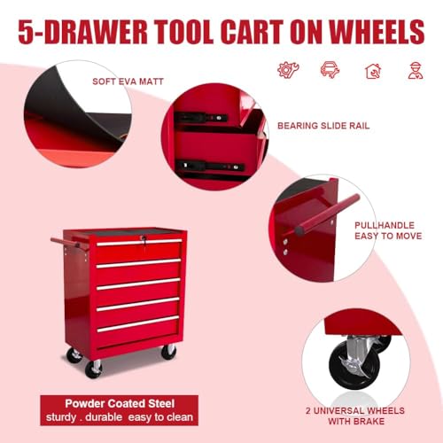 Torin 5 Drawer Tool Chest on Wheels, Rolling Garage Tool Storage Cabinet Workshop Organizer with Locking System for Garage, Warehouse, Workshop, Repair Shop