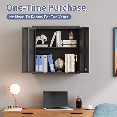Garage Wall Cabinet, Metal Garage Cabinets with 2 Doors and Adjustable Shelf, Lockable Floating Tool Cabinet with Pegboard, Black Steel Wall Mounted Tool Cabinets for Kitchen,Office,Laundry,Warehouse