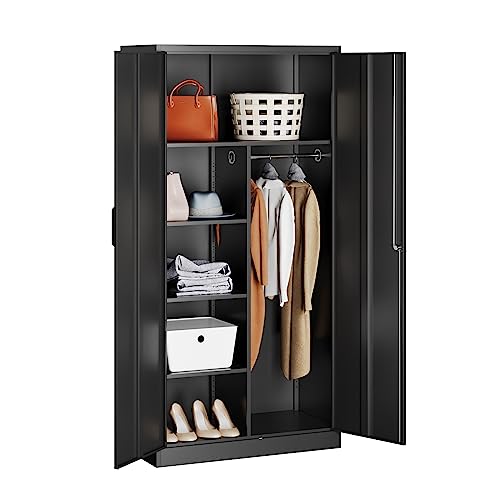 Metal Wardrobe Cabinet with Lock,72" Armoire Closet with Hanging Rod,Lockable Storage Locker,Black Storage Cabinet with Locking Doors,Garage Closet,Steel Wardrobe for Home,Bedroom,Office,Employee,Shop