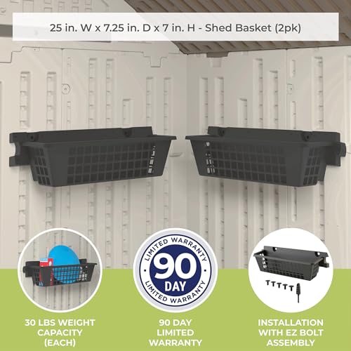 Suncast 2 Pack 25” x 7.25” Basket Accessory for Outdoor Shed Bundled with Vertical Shed 2 Shelf Kit, Space Saving Wall Mount Storage, Black