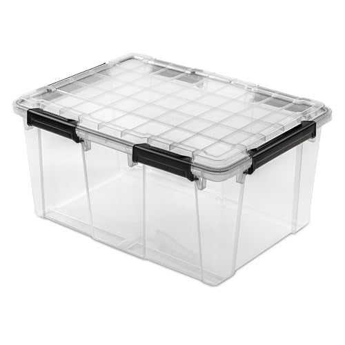 Sterilite 8 Pack 80 Qt Gasket Box, Clear Stackable Plastic Storage Container with Lids, Black - Waterproof and Dustproof Tote for Home Organization