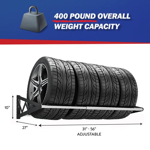 SafeRacks Heavy Duty Adjustable Wall Mounted Tire Rack Adjustable to 56 Inches with Powder Coated Brackets and 400 Pound Total Weight Capacity, Black