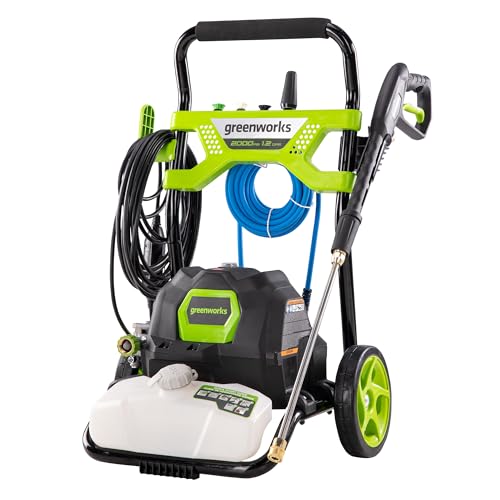 Greenworks 2000 PSI (1.2 GPM) Electric Pressure Washer (25°, 40°, Soap, and Turbo Nozzle) For Use On Decks, Fences, Concrete Patios, Sidewalks & More. Medium-Duty