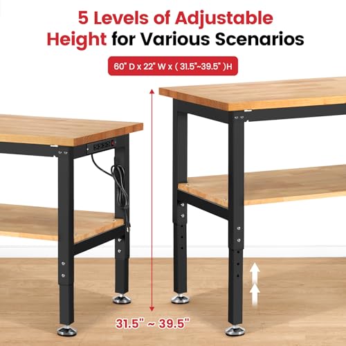 ENJOYWOOD 60" x 22" Adjustable Height Workbench with Under Table Shelf Heavy Duty Rubberwood Top Work Table for Garage, Workshop, Office & Home