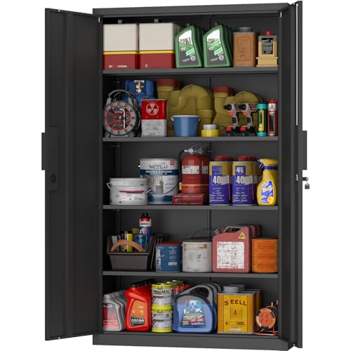 GREATMEET Metal Garage Storage Cabinets, 72" H Locking Garage Cabinets with 2 Doors and 4 Shelves, Utility Cabinet for Office, Garage, Home, Gym, School, Black