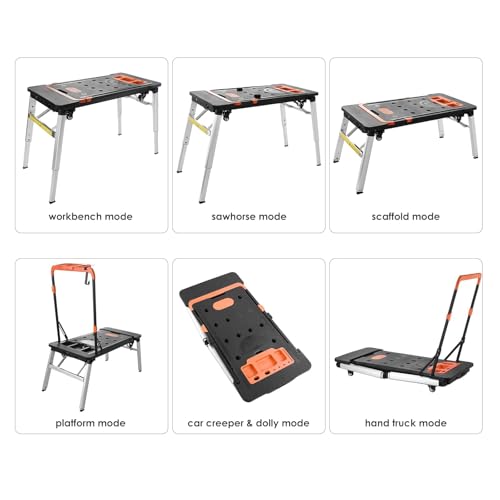 TLGREEN 7-in-1 Portable Workstation, Folding Workbench & Work Table with Wheels, Converts to Sawhorse, Low Work Platform, Dolly & Hand Truck for Garage, Jobsite, Woodworking & DIY