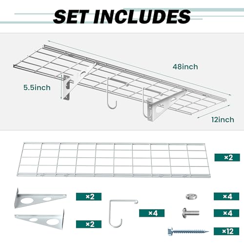 EVERHANGER Garage Wall Shelves, 12 X 48 Inch Wall Mounted Storage Shelves, Heavy Duty Metal Shelving with Hooks, 2 Pack, White
