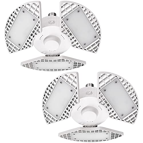 LUXRITE 2-Pack LED Garage Light 80W, 8000 Lumens, Deformable LED Garage Lights, 5000K Bright White, 3 Panel Garage Light, E26 Screw in Shop Light, Adjustable Garage Light, Damp Rated, ETL Listed