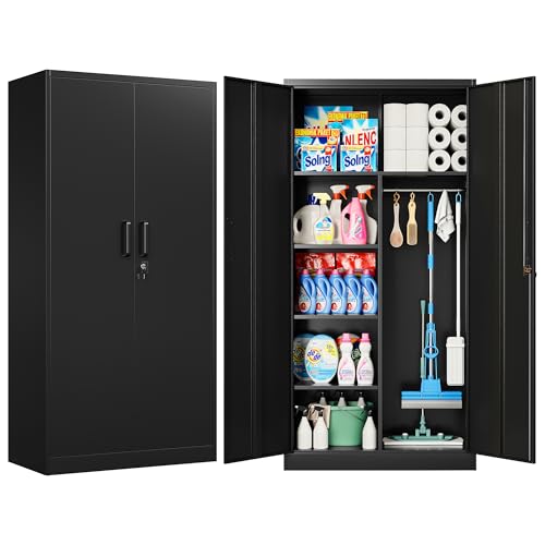 Wide & Deep Metal Storage Cabinet with Hanging Rod,Black Broom Closet Storage Cabinet with Lock,72" Tall Wardrobe Cabinets with Doors and Shelves,Locking Steel Tool Cabinets for Home,Office,Garage