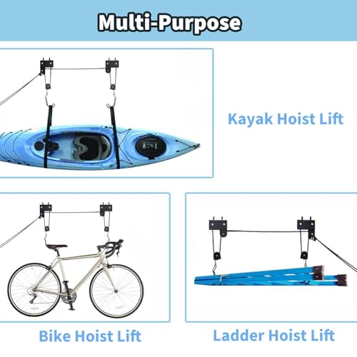 LINGVUM Kayak Hoist Lift Garage Storage with 125lb Capacity Overhead Pulley System for Kayak, Canoe, Bike, Ladder, Paddleboard, Black