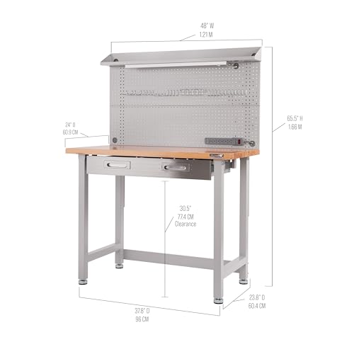 Seville Classics LED Lighted Pegboard Workcenter with 23 Peg Hook Assortment and Drawer Table, 48", Granite Gray
