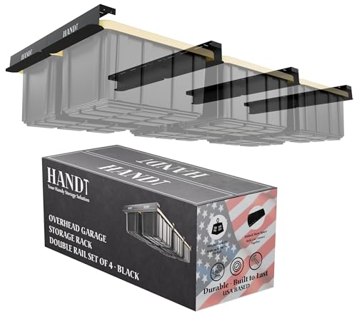 USA Based Overhead Garage Storage Rack, Connectable Heavy Duty Metal Ceiling Rails Garage Storage Organization Shelving System, Hanging Racks Tote Containers, Supports Up To 6 Bins, 4 Sets Black
