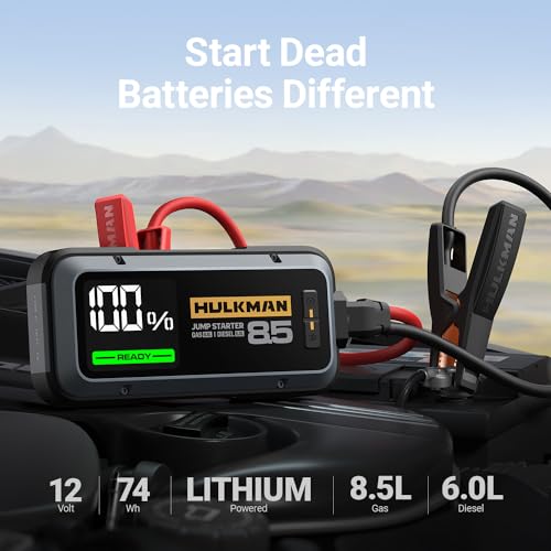 Hulkman Alpha85 Smart Portable Jump Starter, 2000A Battery Booster Pack with LED Display, Flashlight, 74Wh Power Bank, 12V Jump Box for up to 8.5L Gas & 6.0L Diesel, Cars, SUVs & Trucks, Ideal for Dad
