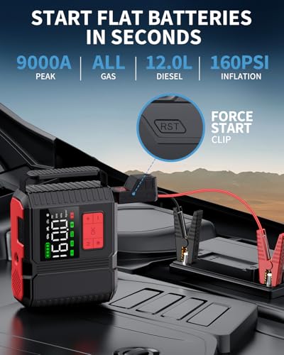 Car Jump Starter with Air Compressor, 9000A Peak 26800mah (Up to All Gas or 12.0L Diesel Engine, 50 Times) Portable160PSI Jump Starter 12V Auto Battery Jump Pack Quick Charge