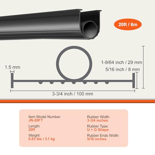 VEVOR Garage Door Seals Bottom Rubber, U Shape +O Ring Garage Door Weather Stripping, Universal Weatherproof Threshold Buffering Sealing Rubber, 5/16 inch T-Ends and 3 3/4 inch Width (20 Ft, Black)