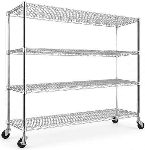 Mapleyard Chrome Storage Shelves with Wheels 55.5" W Garage Shelving Heavy Duty 4 Tier Adjustable Wire Shelving Unit Metal Shelving for Garage Pantry Commercial Basement,55.5" Wx24 Dx76 H