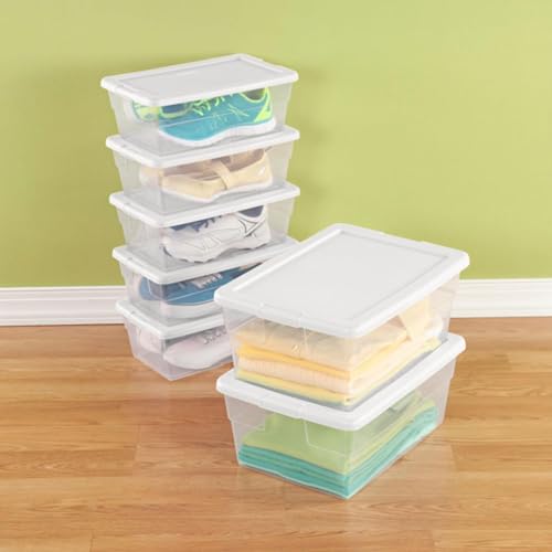 Sterilite 6 Quart Clear Storage Bins with Lids, 18-Pack Plastic Storage Containers, Clear Stackable Storage Bins Box for Closet, Garage, Classroom, Home Organization and Storage, Cloth Included