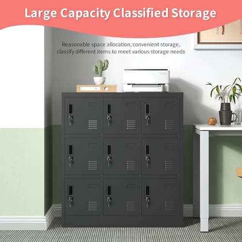 IKIMI Metal Lockers for Employees,Office Storage Locker with 9 Doors Black,Employee Locker with Lock and Card Slot,Steel Staff Locker Storage Cabinet for Gym Home School Garage,Assembly Required