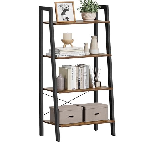 VASAGLE BARNET Collection - Ladder Shelf, Bookshelf, Storage Rack, Modern Bookcase for Living Room Home Office Kitchen, Steel Frame, 4-Tier, 22-Inch Wide, Rustic Brown and Ink Black ULLS44X
