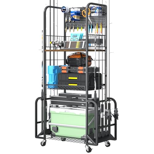 Geznhs Fishing Rod Holders for Garage - Rolling Fishing Pole Rack Organizer with Pegboard & Lockable Wheels, 3 Tier Fishing Gear Storage Holds 10 Rod & Reel Combos, Tackle Box Organizer for Anglers