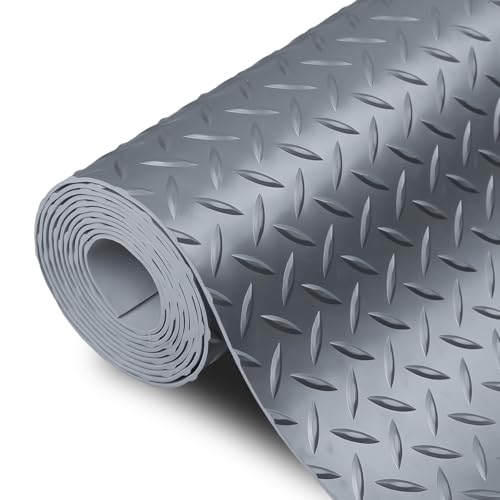 SEAL 4 x 8 FT Premium Garage Floor Mat, Solid 2.8mm Thick Lay-Flat Gray Commercial Grade Heavy Duty Parking Mat for Golf Cart, Workbench, ATV, Water/Stain Resistant Runner (Embossed Diamond Plate)