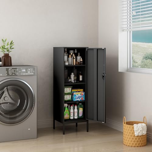 Steehoom Metal Storage Cabinet with Lock, 4 Tier Lockable Cabinet, Lockers for Employee, Changing Room,Home, Office, School, Gym, Garage (Black, 15.75" D x 15.75" W x 49.21" H)