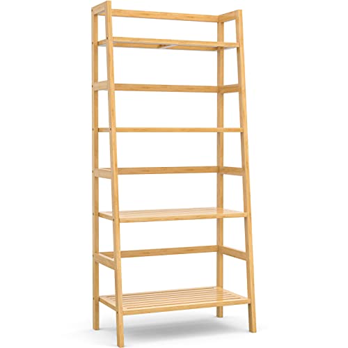 Homykic Ladder Shelf, 4-Tier Bamboo Ladder Bookshelf Small Bookcase, 49” Tall Open Display Shelves Wood Plant Stand Storage Rack for Living Room, Bathroom, Bedroom, Home Office