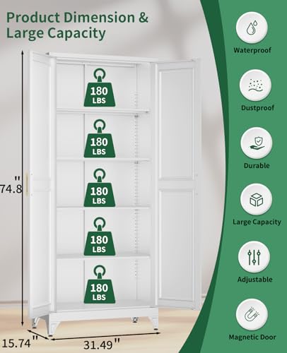 75" Tall Metal Storage Cabinet with 2 Doors and 4 Adjustable Shelves, Heavy Duty Steel Pantry Cabinet for Home Office, Kitchen, Garage and Laundry Room, White