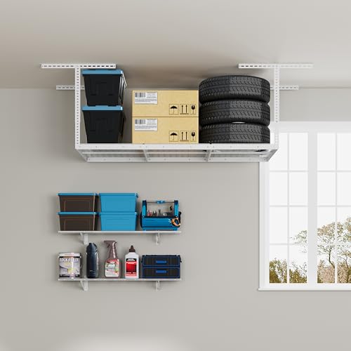 FLEXIMOUNTS 3x6 Overhead Garage Storage Adjustable Ceiling Storage Rack with 2-Pack 1x4ft 12-inch-by-48-inch Wall Shelf, 450lbs+300lbs Capacity,White