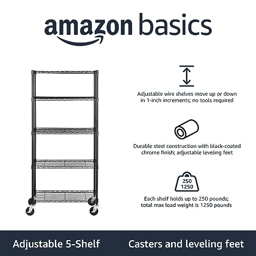 Amazon Basics 5-Shelf Heavy Duty Garage Shelving Storage Rack with 4" Wheel Casters, Adjustable Metal Wire Organizer, 300 lbs Per Shelf, 30" x 14" x 64.75", Black