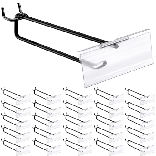 Tandefio 50 Pack 4 Inch Black Metal Peg Board Hooks with Clear Plastic Label Holder Stainless Steel Display Pegboard Hooks for 1/8'' to 1/4'' Pegboard Wall for Garage Storage Retail Shop Supplies