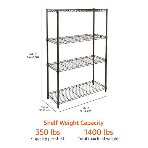 Amazon Basics 4-Shelf Adjustable Heavy Duty Steel Wire Rack Storage Shelving, Sturdy Garage Shelving, 350 lbs Capacity Per Shelf, Easy No-Tool Assembly, 36" x 14" x 54", Black