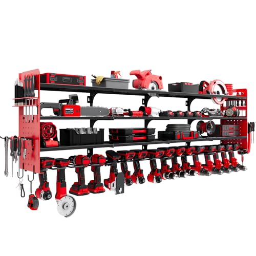 Neatolgrid Large Power Tools Organizer Wall Mount, 16 Drill Holder for Garage, Workshop Heavy Duty Storage Rack(Red)