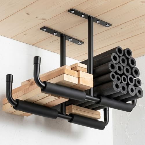 kenaeooe 4 Pack Overhead Garage Storage Hooks Heavy Duty Ceiling Mount Hangers Double T-Bar Steel Ladder Rack Space Saving Utility Hooks for Bike, Lumber, Pipe, Fishing Rod, Sports Equipment, Black