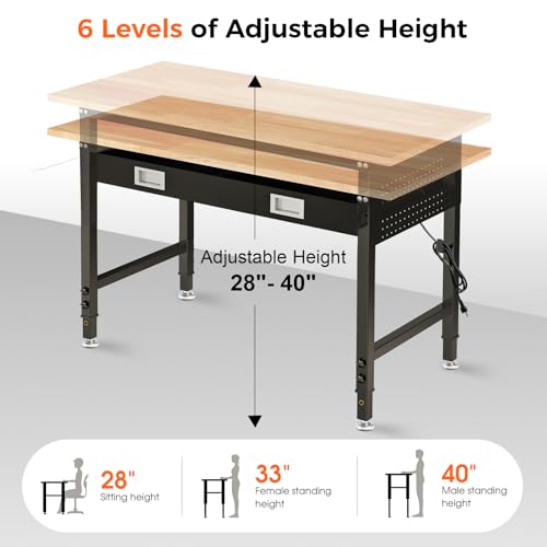60" Adjustable Work Bench with Drawers, Workbench for Garage with Strip Light, Work Table with Large Pegboard, 2000 LBS Heavy Duty Table with Power Outlet Rubber Wood for Office, Workshop