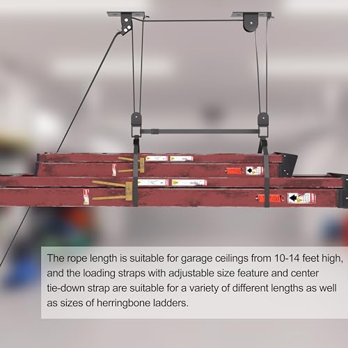 TRUSOON Ladder Storage, Larger Pulley Ladder Hoist, Self Locking Function Ladder Hanger, Garage Ceiling Mount Lift System for Kayak, Cargo Box, Canoe, Bike,Fit 10-14 Foot Ceilings, Hold 150 lbs
