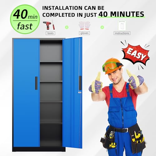 Bonusall 72" Metal Garage Storage Cabinet, 2 Locking Doors & 4 Adjustable Shelves Tall Storage, Heavy Duty Steel Tool Cabinet for Home, Office, Warehouse, School - Black Blue