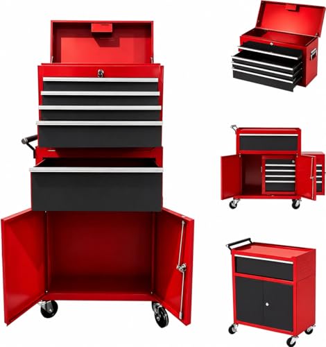 Heavy Duty 5 Drawer Tool Chest, Rolling Tool Box Cabinet on Wheels, 2-in-1 Detachable Metal Tool Storage Organizer for Garage and Workshop, Locking Steel Tool Cart with Portable Top Tool Box,Black&Red
