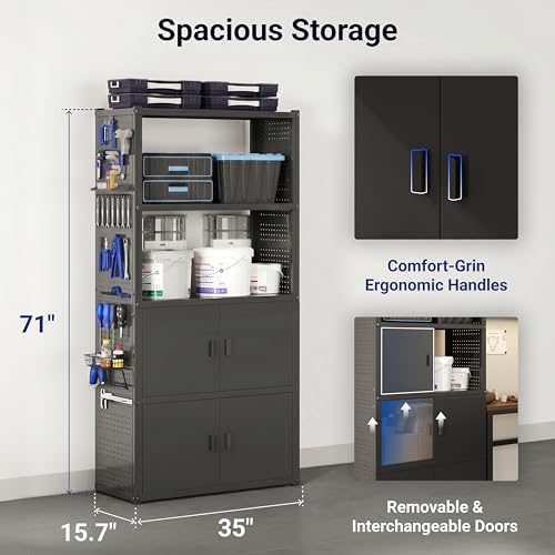FLEXIMOUNTS Garage Storage Cabinet System, 3-in-1 Modular Metal Tool Cabinet w/ Workbench and Metal Board Shelf Includes Pegboard, 24-Gauge Steel, 117"(L) w/ 6 Doors, Black, FLEXIMOD Series