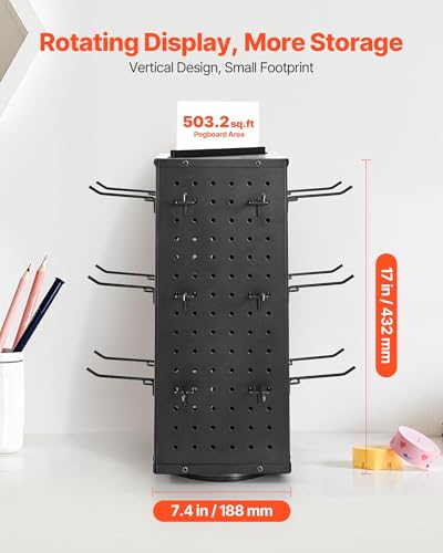 VEVOR Rotating Pegboard Display Stand, 7.4 x 7.4 x 17 in 4-Sided Spinning Peg Board Display with 24 Hooks, Thickened Cold-Rolled Steel Craft Rack Organizer for Grocery Retail Store Jewelry Shop, Black