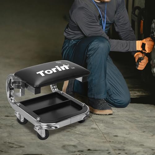 AR7451B Torin Heavy Duty Rolling Creeper Garage/Shop Seat: Padded Mechanic Stool with Tool Tray Storage and Cup Holder, Black