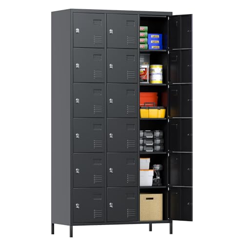 GangMei Lockers for Employees, 18 Doors Metal Storage Locker with Card Slot and Ventilation Holes for Office Home School Gym Garage, Black, Assembly Required