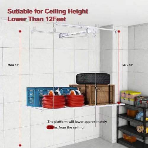 S.Walt Hanging Garage Ceiling Storage Racks, Adjustable Overhead Garage Storage Lift, Mounted 36 ft Heavy-Duty Steel Platform for High Ceilings 1012 ft, Supports 350 lbs for Everyday Use